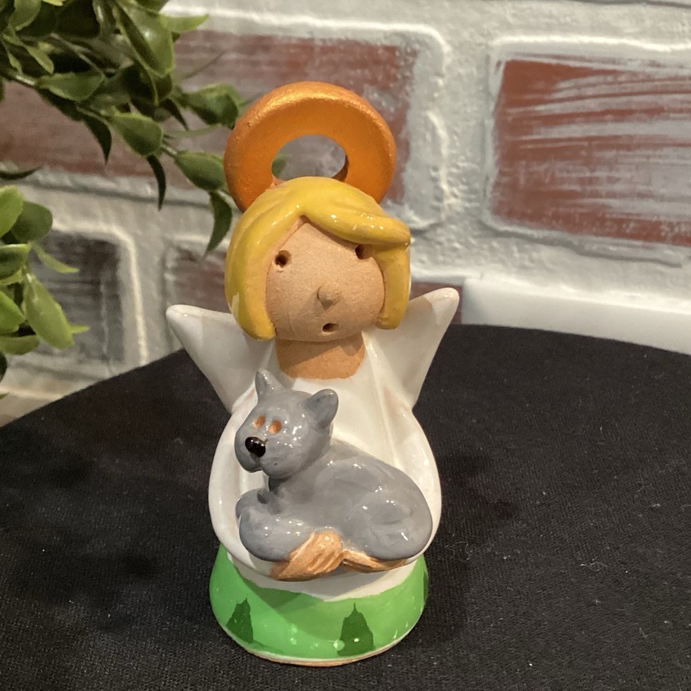 🟡 Vintage Hand Made in Poland Ceramic Crafted Little Angel Figurine & Her Cat